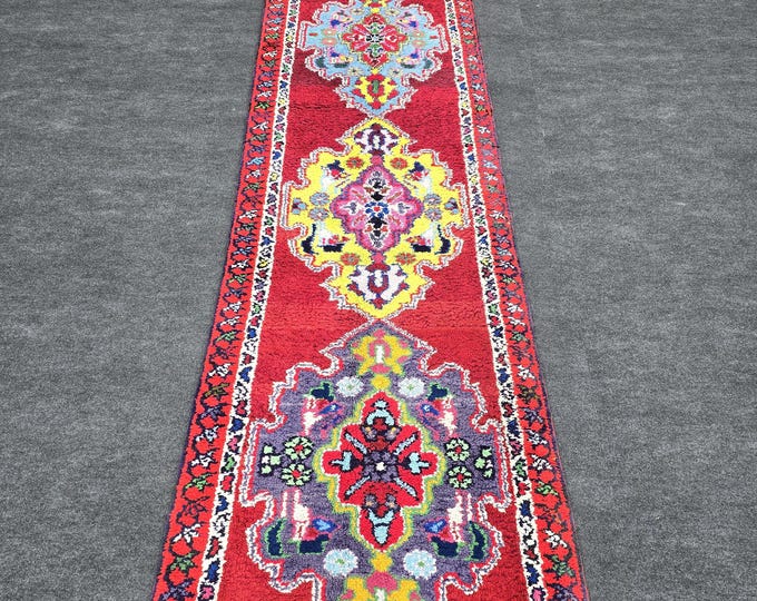 3x13 Vintage Turkish Oushak Wool Runner Rug, Red Floral Medallion Hallway Carpet (2'9" x 12'11")