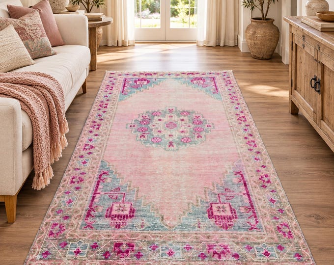 4x7 Vintage Turkish Oushak Rug, Faded Pink Beige Floral Wool Area Rug 3'8" x 7'2"