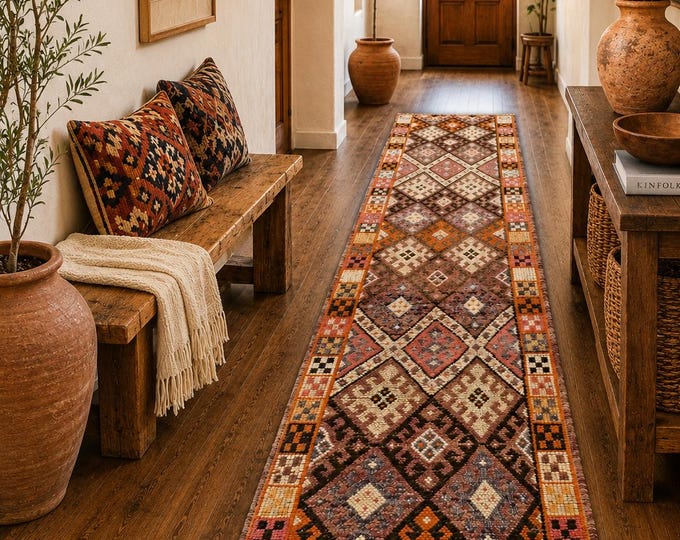 3x12 Vintage Turkish Herki Runner Rug, Handmade Wool Tribal Diamond Hallway Carpet