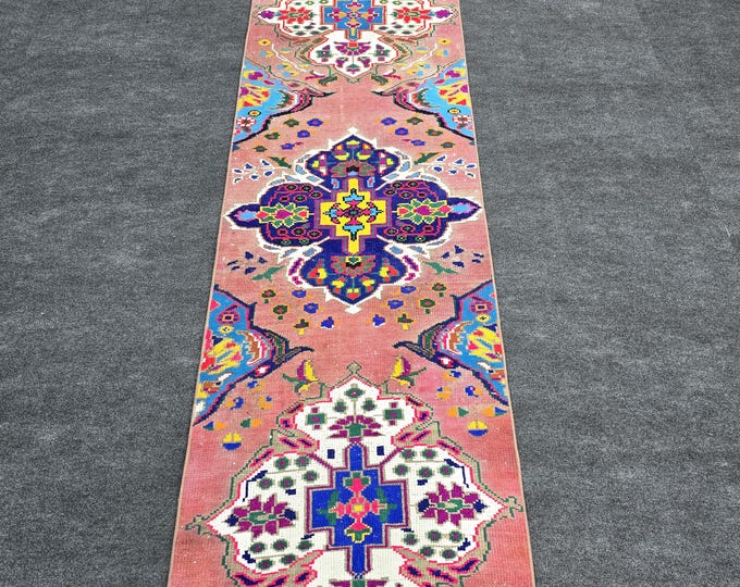 3x11 Vintage Turkish Oushak Runner Rug, Pink Colorful Handmade Wool Hallway Runner (2'5" × 10'5")
