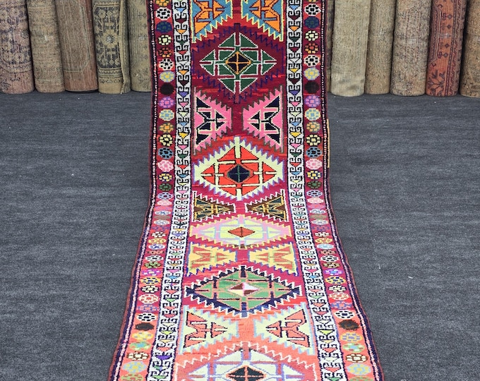 3x11 Vintage Turkish Oushak Wool Runner Rug, Colorful Geometric Hallway Carpet (2'9" x 10'10")