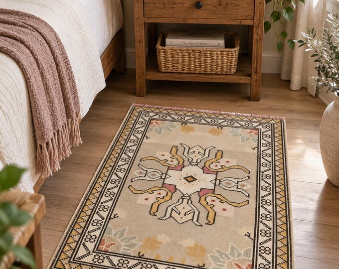 2x3 Vintage Turkish Oushak Rug, Neutral Beige Wool Small Entryway Accent Rug