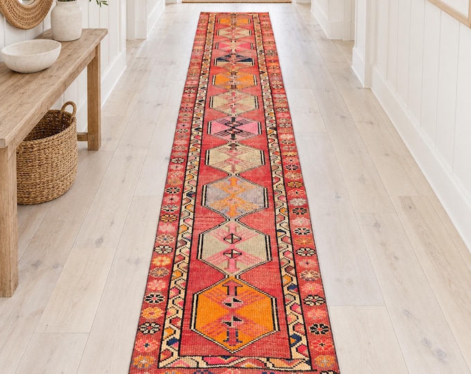 3x13 Vintage Turkish Wool Runner Rug, Red Coral Geometric Medallions, Handmade Anatolian Hallway Decor