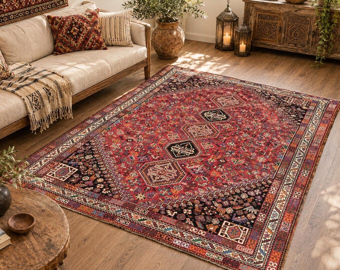8x10 Vintage Turkish Area Rug, Hand-Knotted Wool Red Tribal Medallion, Anatolian Style