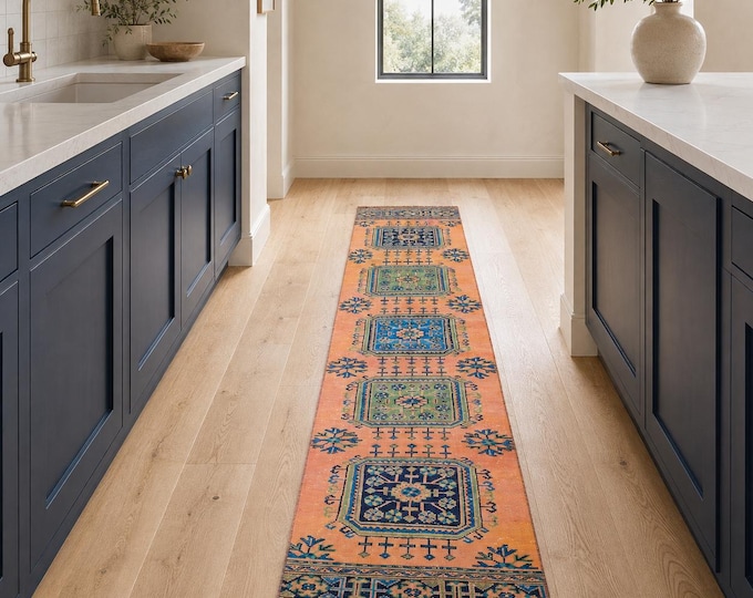 2x12 Vintage Turkish Runner Rug, Coral Orange Blue Geometric Wool Hallway Rug, Boho Decor