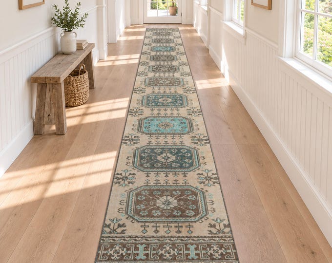 3x21 Vintage Turkish Wool Runner Rug, Beige Teal Herki Geometric Medallions, 2'5" x 20'6"
