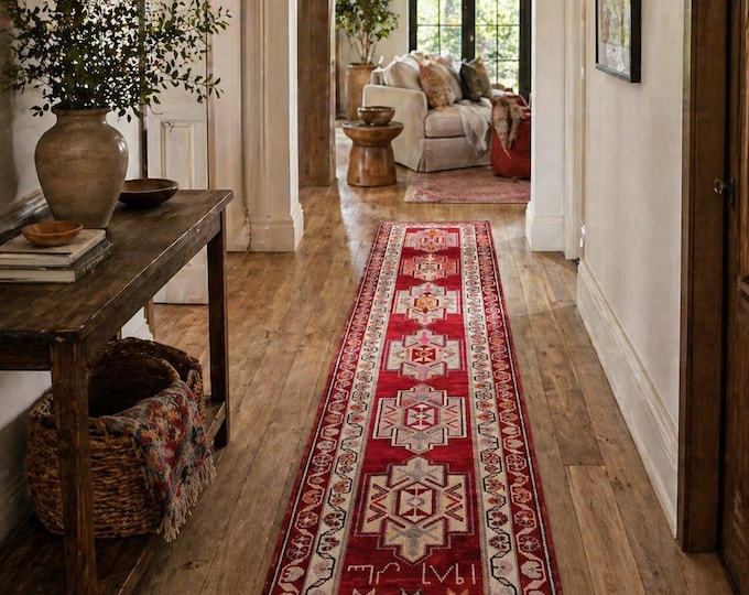 Vintage Turkish Wool Runner Rug | Handmade Red Geometric Hallway Carpet
