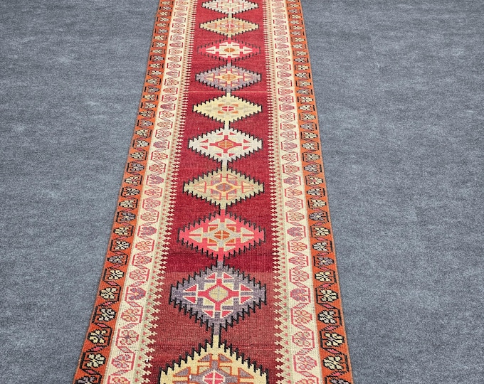 3x12 Vintage Turkish Oushak Runner Rug, Handmade Wool Red Geometric Hallway Carpet 2'8" × 11'11"