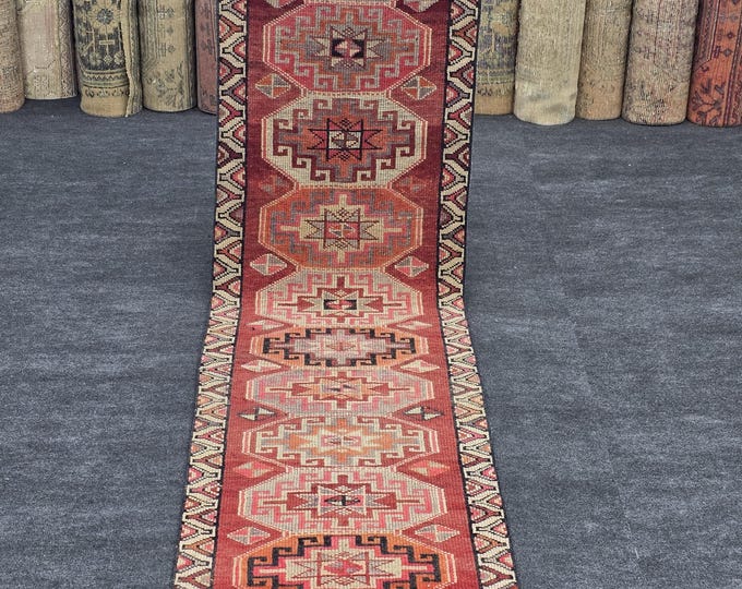 2x9 Vintage Turkish Oushak Wool Runner Rug, Rust Red Geometric Tribal Hallway Carpet