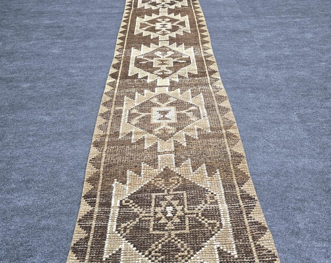 2x13 Vintage Turkish Wool Runner Rug, Brown Geometric Tribal Long Hallway Carpet (2'5" x 13)