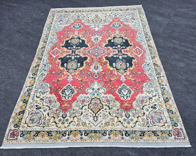 6x8 Vintage Floral Area Rug, Rose Pink Navy Blue Rug, Traditional Living Room Decor