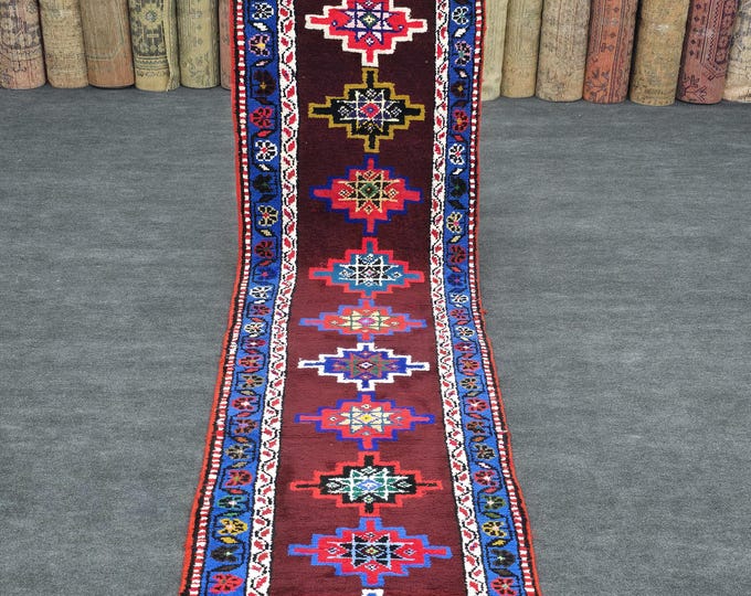 3x12 Vintage Turkish Wool Runner, Burgundy Geometric Hallway Rug (2'9" x 11'8")