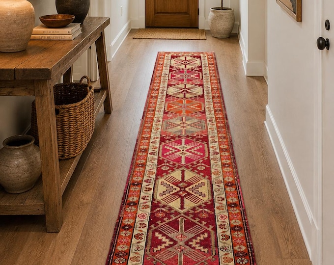 3x14 Vintage Turkish Wool Runner, Extra Long Anatolian Hallway Rug, Handmade Geometric Carpet