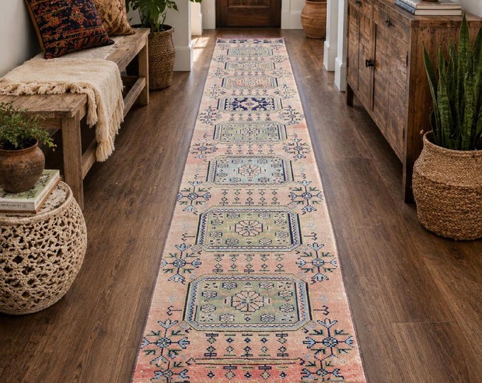 3x20 Vintage Khotan Runner Rug, Handmade Wool Turkish Extra Long Hallway Carpet