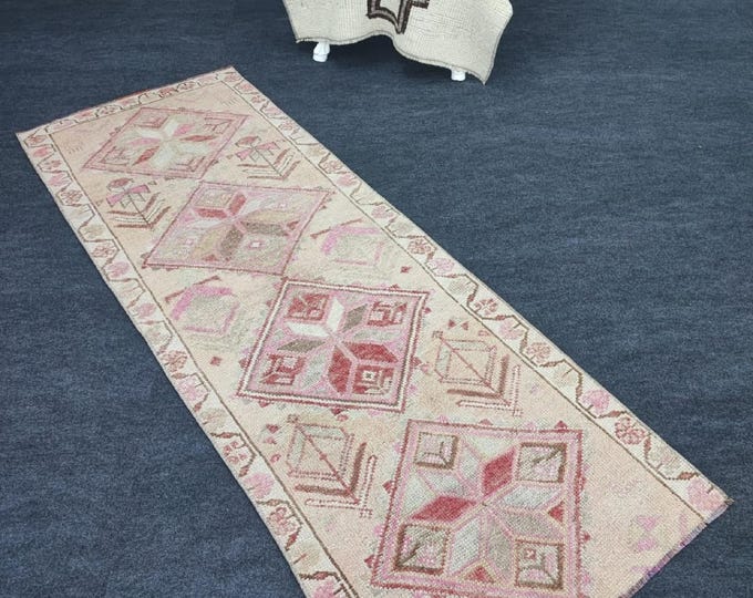 3x7 Vintage Turkish Oushak Runner Rug, Handmade Wool Soft Pink Boho Hallway Entryway Carpet
