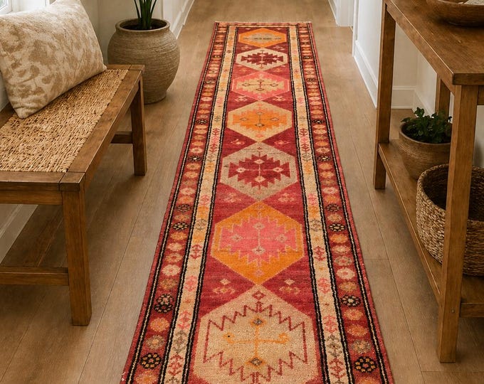 3x11 Vintage Turkish Runner Rug, Red Orange Geometric, Handmade Wool Anatolian