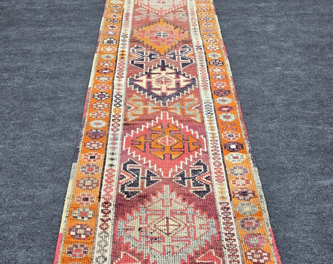 3x12 Vintage Turkish Oushak Wool Runner, Rust Orange Geometric Hallway Rug (2'9" x 12'1")