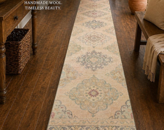 3x24 Vintage Turkish Runner Rug, Handmade Wool Neutral Extra Long Hallway Carpet