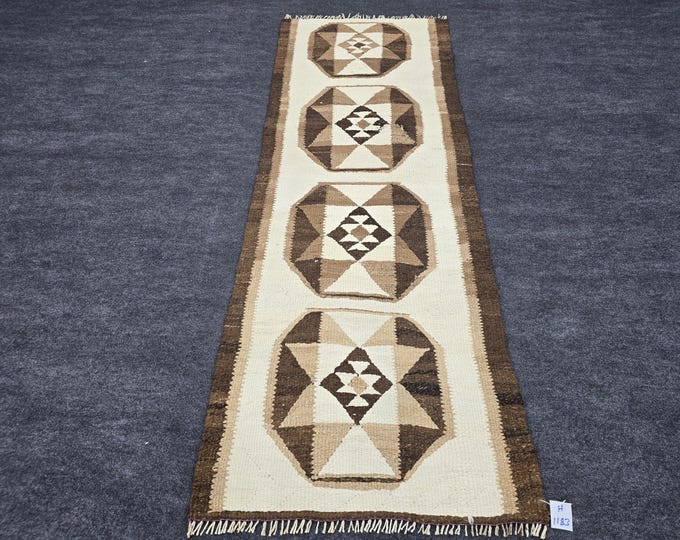 2x7 Vintage Turkish Runner Rug, Brown Ivory Geometric Hallway Carpet, Actual 2'4" x 6'10"
