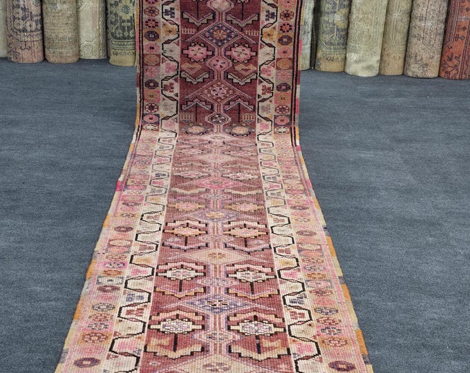 3x11 Vintage Turkish Oushak Runner Rug, Handmade Wool Pink Tribal Hallway Carpet (2'8" × 10'8")