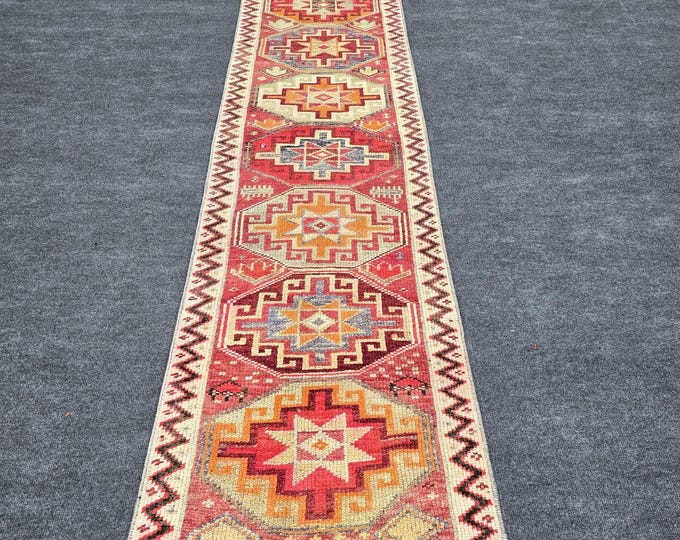 2x13 Vintage Turkish Oushak Wool Runner Rug, Coral Rust Geometric Tribal Hallway Carpet