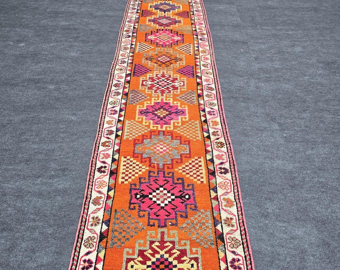 3x14 Vintage Turkish Runner Rug, Orange Red Extra Long Handmade Wool Anatolian Hallway Runner