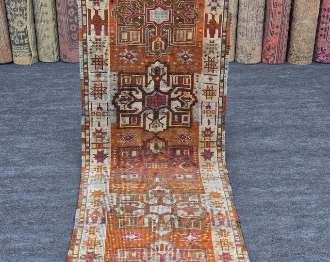 3x9 Vintage Turkish Oushak Wool Runner, Burnt Orange Geometric Hallway Rug (2'11" x 9'1")