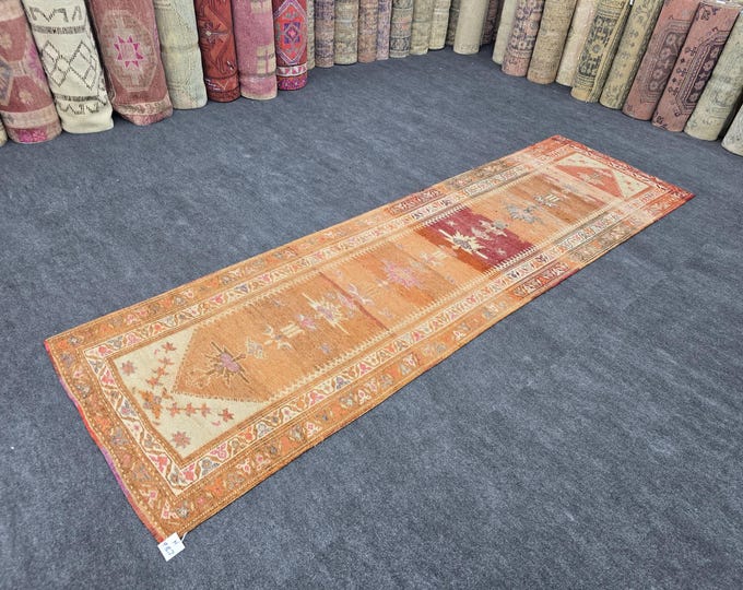 3x11 Vintage Turkish Oushak Runner Rug, Handmade Wool Neutral Rust Hallway Carpet (3'1" × 10'5")