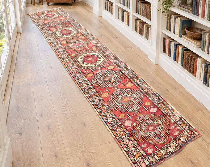 Vintage Turkish Wool Runner, Handmade Red Orange Geometric Anatolian Hallway Rug, 2x15 Ft