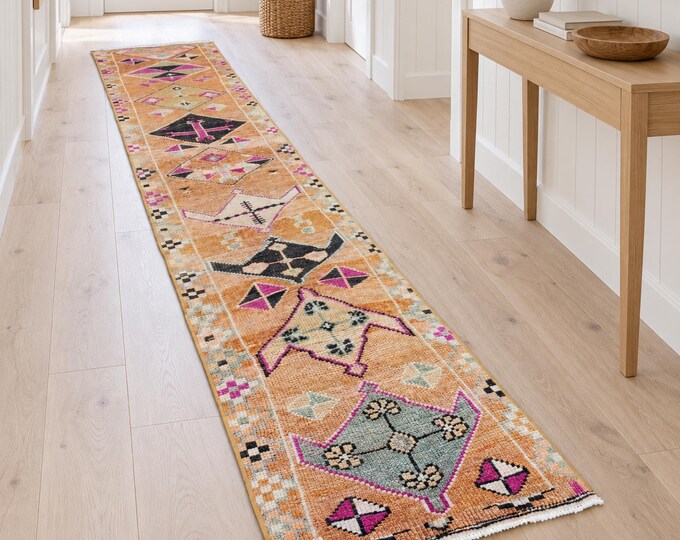 2x13 Vintage Turkish Herki Runner Rug, Handmade Wool Orange Pink Geometric Hallway Rug