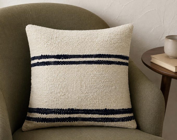 19x19 Vintage Turkish Kilim Pillow Cover, Black Cream Striped Wool Cushion, Boho Farmhouse Decor