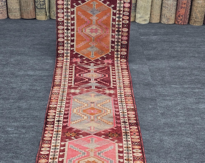 3x12 Vintage Turkish Oushak Wool Runner Rug, Burgundy Pink Geometric (2'10" x 11'9")
