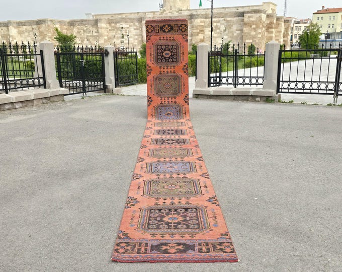 3x21 Vintage Turkish Runner Rug, Handmade Wool Pastel Tribal Extra Long Hallway Carpet