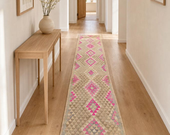 3x11 Vintage Turkish Oushak Runner Rug, Pink Beige Handmade Wool Tribal Hallway Carpet