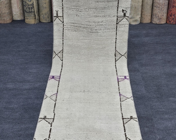 3x9 Vintage Turkish Oushak Runner Rug, Handmade Wool Ivory Minimalist Hallway Carpet 2'10" × 8'7"