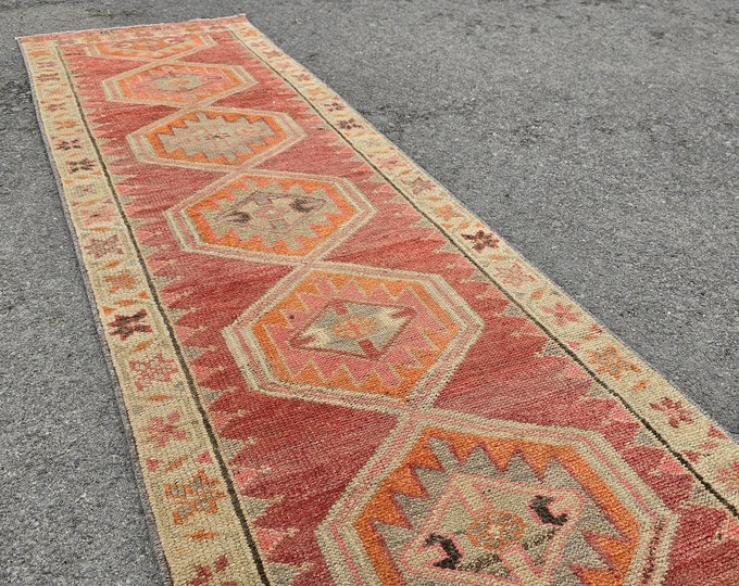 2x15 Vintage Turkish Runner Rug, Rust Red Terracotta Geometric Wool Hallway Carpet