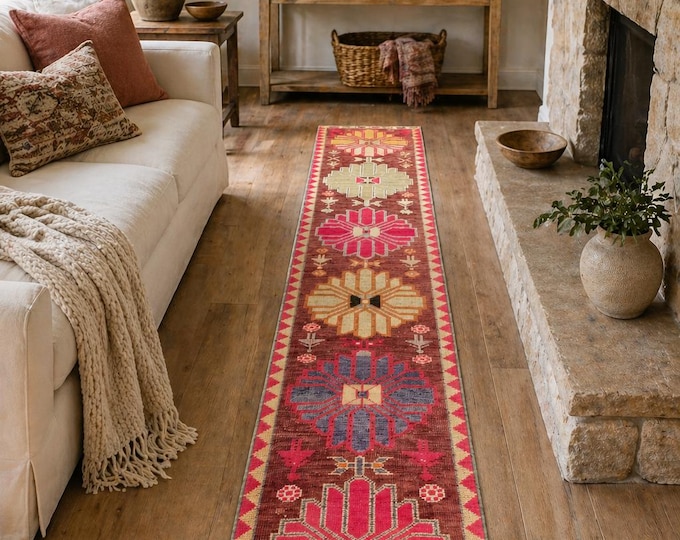 2x14 Vintage Turkish Runner Rug, Handmade Wool Tribal Geometric Long Hallway Carpet
