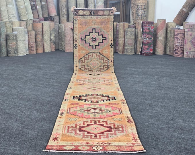 2x13 Vintage Turkish Wool Runner Rug, Faded Orange Pink Geometric Medallions, 2'3" x 12'9"