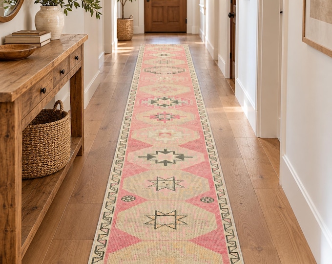 Vintage Turkish Runner Rug 2x12, Muted Pink Beige Geometric Wool Hallway Rug 2'1" x 12'