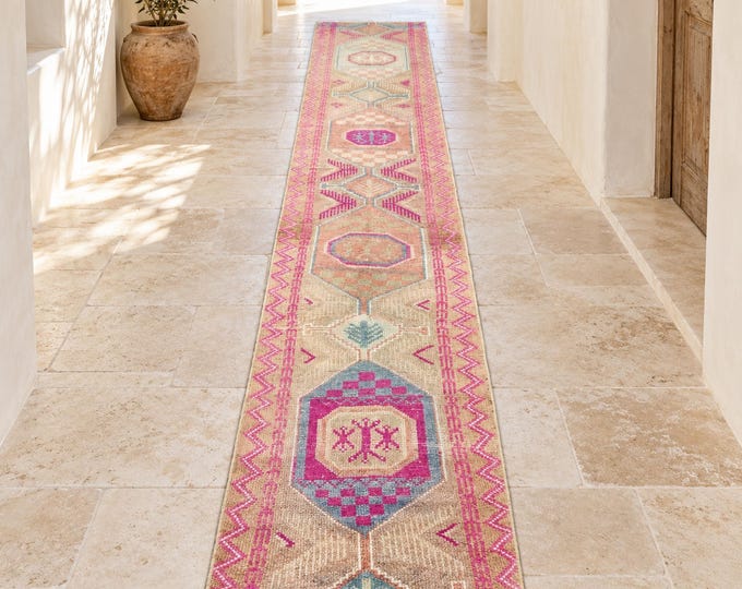 Vintage Turkish Wool Runner, Handmade Pink Beige Anatolian Hallway Rug, Geometric Tribal 2x13 Ft