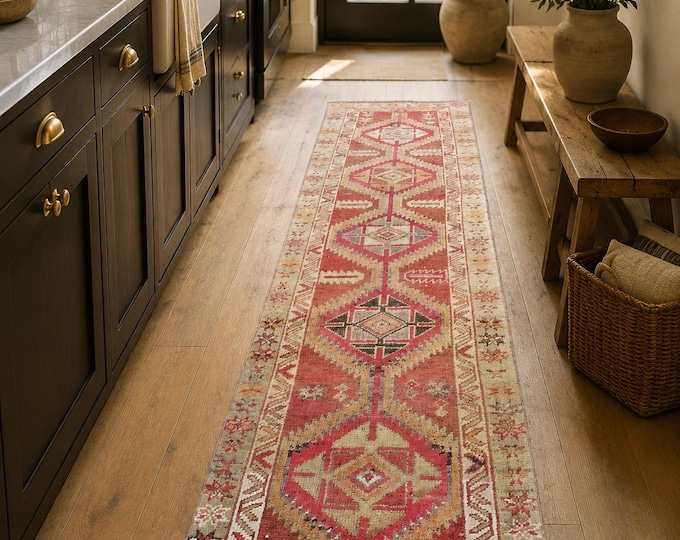3x10 Vintage Turkish Runner Rug, Handmade Wool Geometric Tribal Hallway Carpet