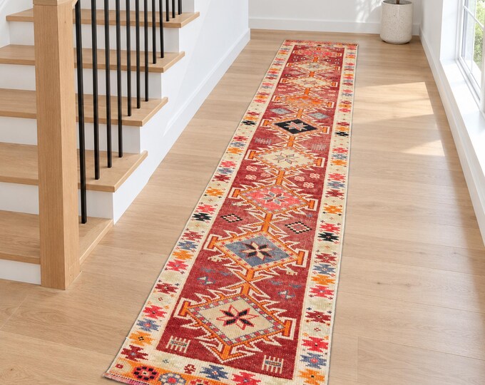 Vintage Turkish Wool Runner, Handmade Red Orange Oushak Hallway Rug, 2x12 Ft