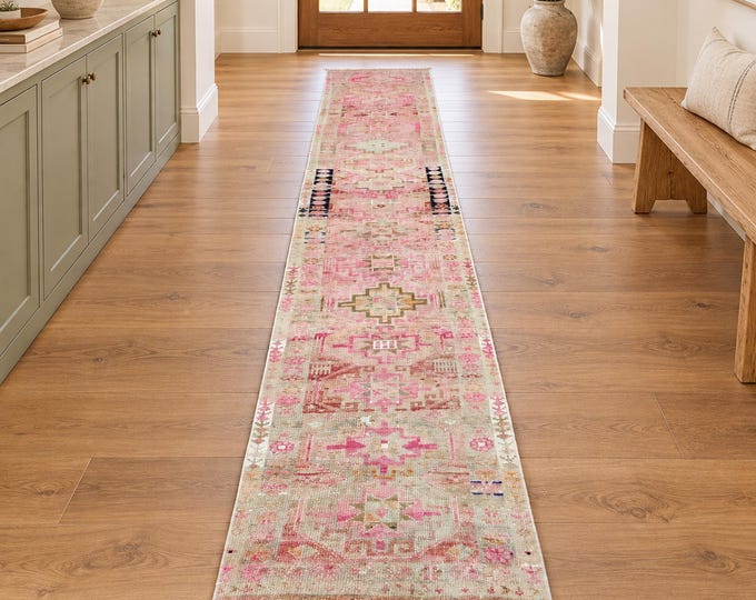 2x13 Vintage Turkish Anatolian Runner Rug, Handmade Wool Pink Beige Tribal Hallway Runner