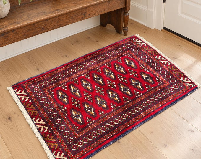 2x4 Vintage Turkish Wool Rug, Red Tribal Anatolian Geometric Design, 2' x 3'9"