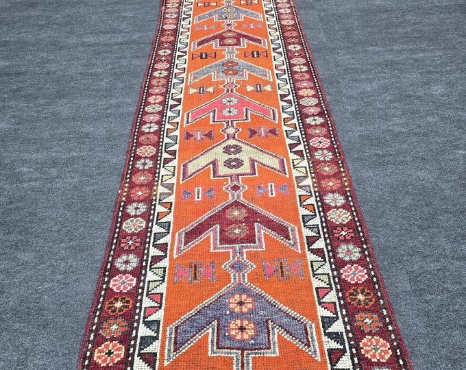 3x13 Vintage Turkish Wool Runner Rug, Orange Geometric Tribal Hallway Carpet (2'11" x 12'7")