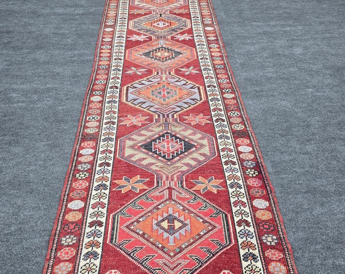 3x13 Vintage Turkish Wool Runner Rug, Burgundy Red Geometric Hallway Carpet (3' x 13'2")