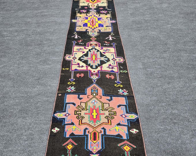 2x12 Vintage Turkish Runner Rug, Black Multicolor Geometric Wool Hallway Carpet, Handmade Anatolian