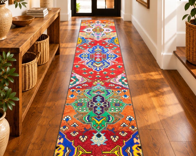 3x11 Vintage Turkish Runner Rug, Colorful Red Geometric Hallway Rug, Boho Entryway Decor