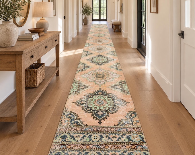 Vintage Turkish Oushak Runner 3x21, Peach Beige Blue Wool Extra Long Hallway Rug