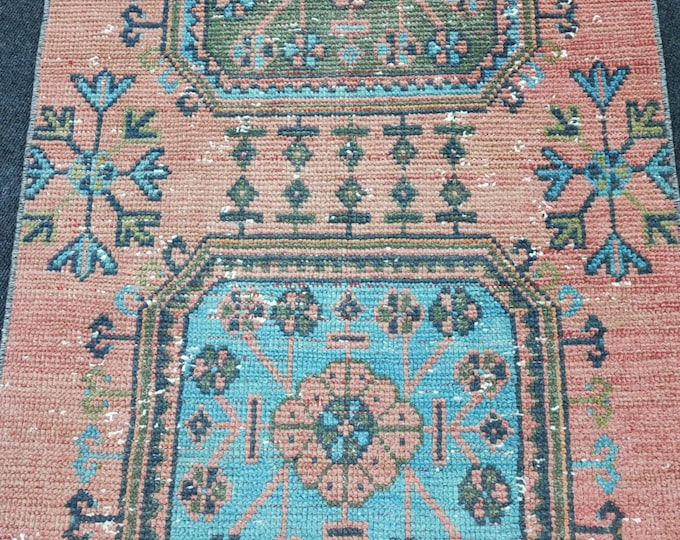 Vintage Runner Rug, Peach and Blue Medallions, Extra Long Hallway Rug 2'6" x 21'5"